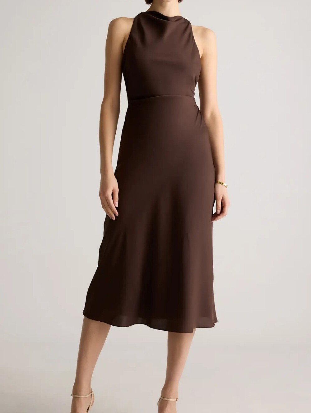 Quince Washable Stretch Silk High Neck Midi Dress Hot Fudge Brown Small Elegant